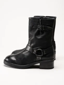 Rosa Negra - Svarta bikerboots i oljat skinn