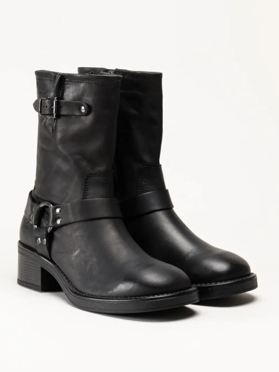 Rosa Negra - Svarta bikerboots i oljat skinn