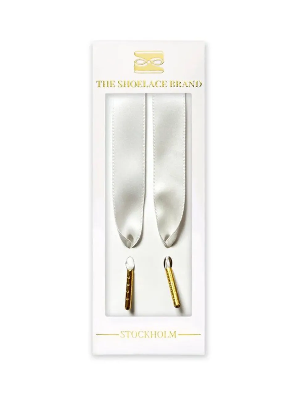 The Shoelace Brand - White Silk 120cm - Vita skoband i satin med guldtipp